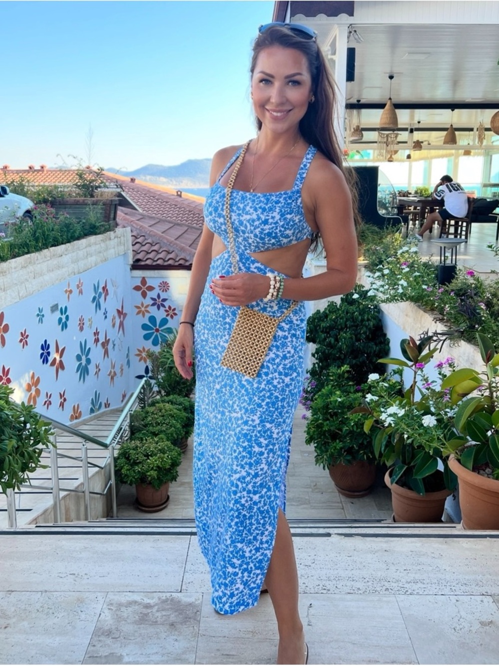 Zara Blue Floral Cutout Midi Dress
